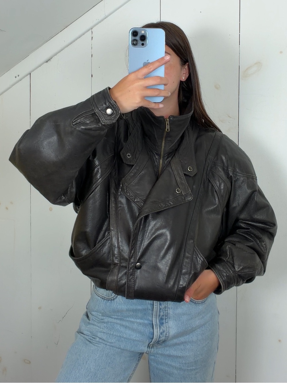 Vintage Brown Leather Bomber Jacket Men’s L Asymmetrical High Collar Funnel Neck